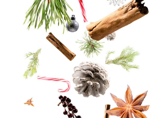 Jule dryss med kongler, kanelstang, stjerneanis, stjerner, granbar, julekuler og godteri