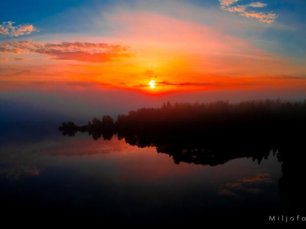 Solnedgang over sjø og skog