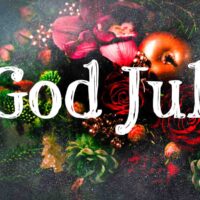 "Et julebilde med teksten 'God Jul' i hvit dekorativ skrift. Bakgrunnen er mørk og inneholder røde roser, kongler, glitter, og gyldne epler, som gir en varm og festlig julestemning."