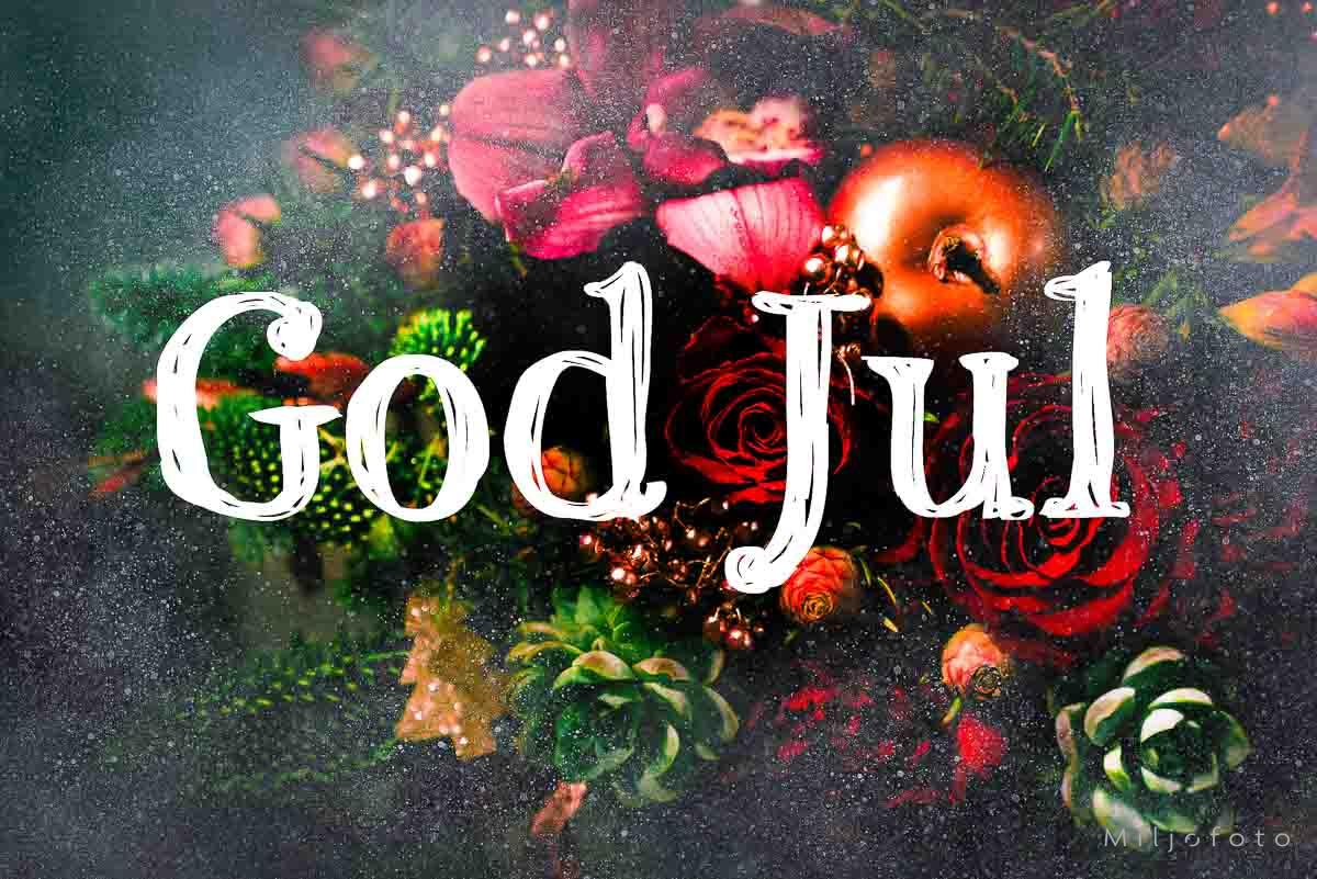God jul med vakker bakgrunn "Et julebilde med teksten 'God Jul' i hvit dekorativ skrift. Bakgrunnen er mørk og inneholder røde roser, kongler, glitter, og gyldne epler, som gir en varm og festlig julestemning."
