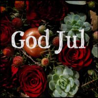 God jul med roser, bilde av en juledekorasjon med skriften God Jul