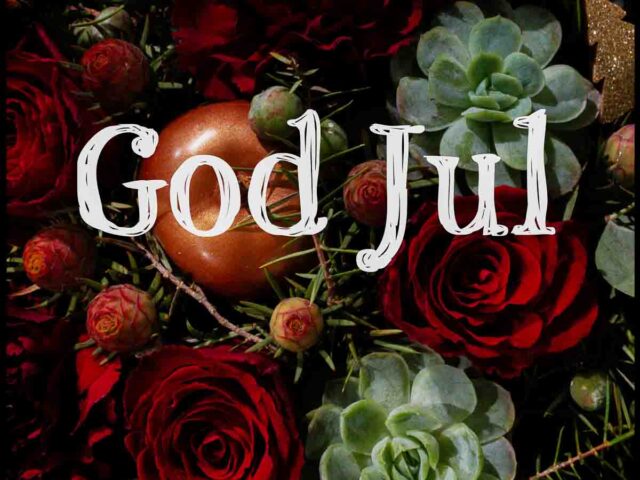 God jul med roser, bilde av en juledekorasjon med skriften God Jul