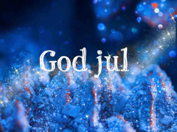 God Jul i blå, rimdekket kongle med fargene blå og orange.