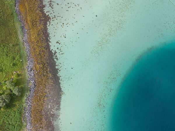 Dette luftfotos viser en vakker og tydelig overgang fra grønn vegetasjon på land, over en steinete strandlinje, til et grunt og lysegrønt havområde. Deretter faller havbunnen bratt ned i et mørkeblått dyp